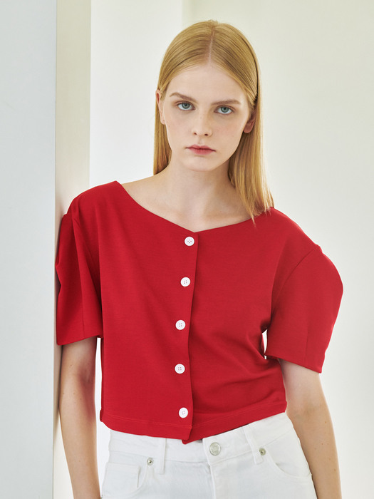 Volume Sleeve Crop Jersey Cardigan - Red