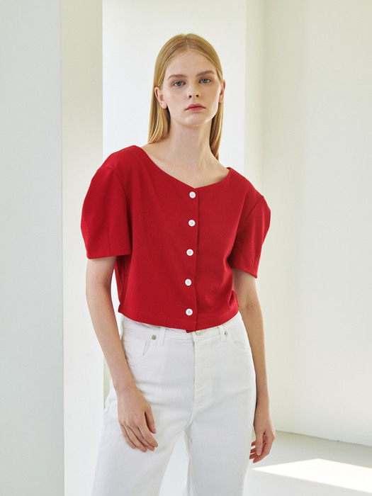 Volume Sleeve Crop Jersey Cardigan - Red