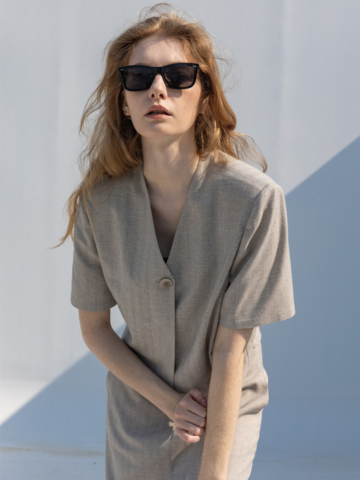 Linen Blended V-neck Cropped Short Jacket