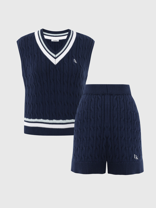 네이비 홀리 케이블 니트 베스트 셋업 / NAVY HOLLY CABLE KNIT VEST SET UP