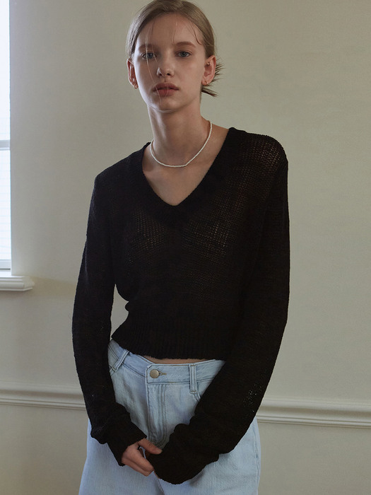 LONG SLEEVE V NECK KNIT_BLACK