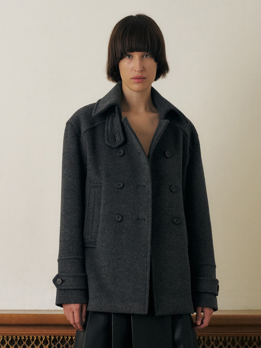 DOUBLE-BREASTED CASHMERE PEA COAT, DARK GRAY