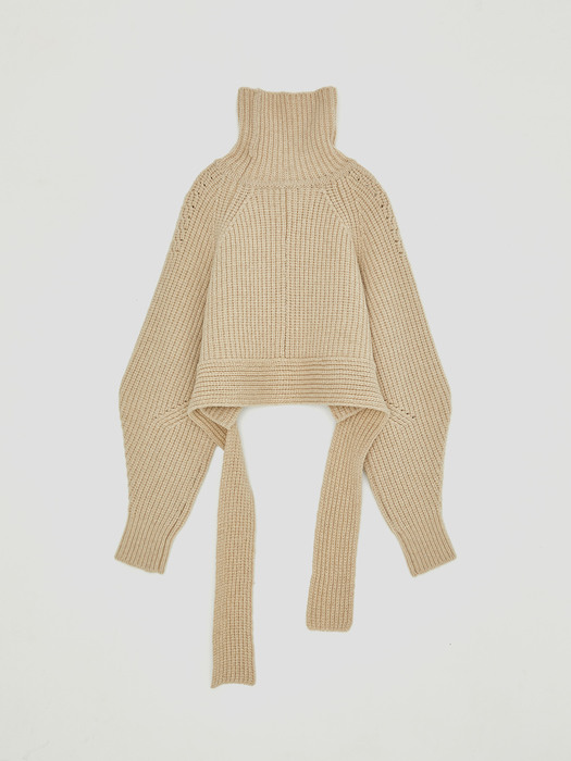 CHUNKY WOOL ROLL NECK CROPPED BELTED SWEATER, BEIGE