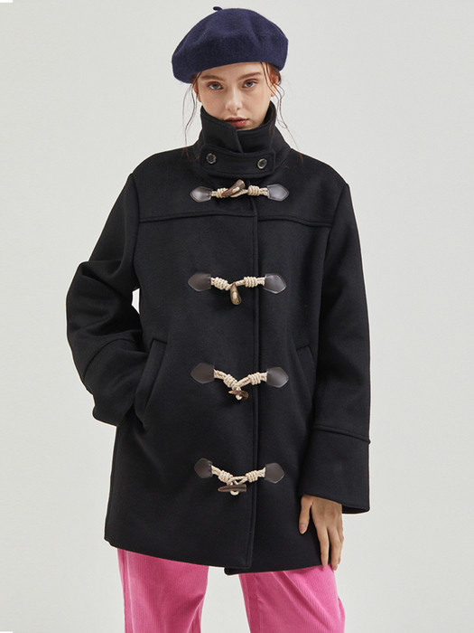 Wool High Neck Toggle Half Coat Black