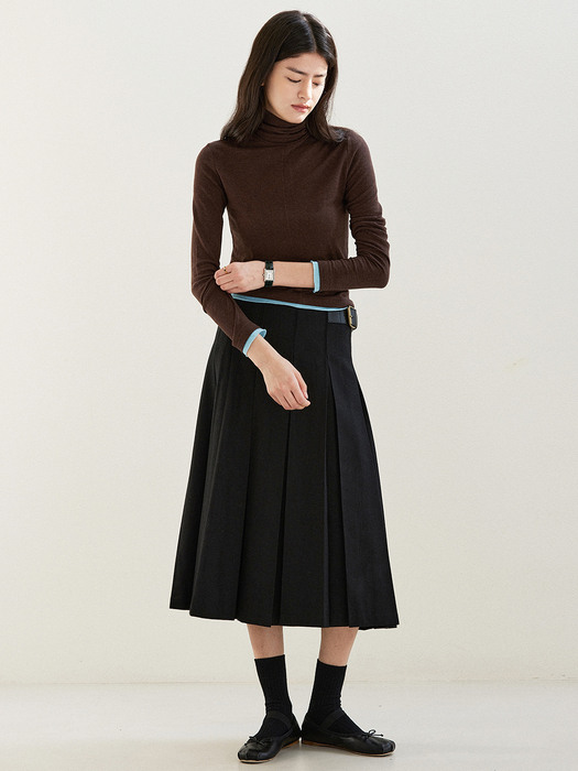 B Buckle Wool Pleats Skirt_Black