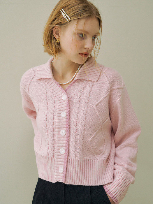 CASHMERE BLEND CABLE CARDIGAN - PINK
