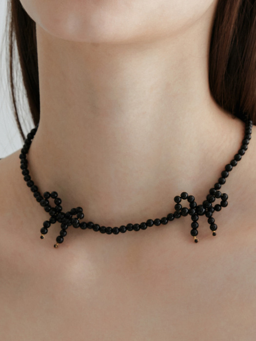 [925 SILVER] Onyx Ribbon Necklace