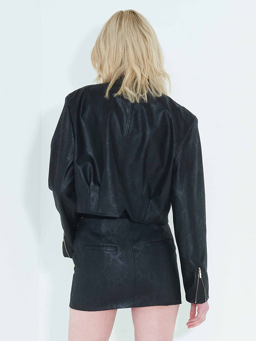 Faux-Leather Cropped Zip-Up Jacket _ Black