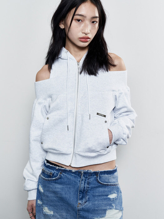 Open Shoulder Zip Up Hoodie (MELANGE WHITE)