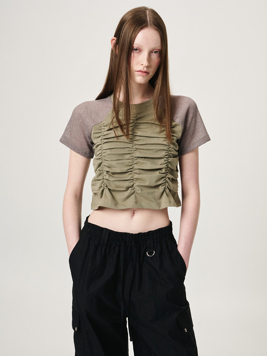 Knit Sleeve Shirring T-Shirt, Khaki