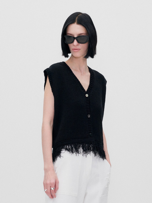 FRAYED HEM KNIT VEST BLACK