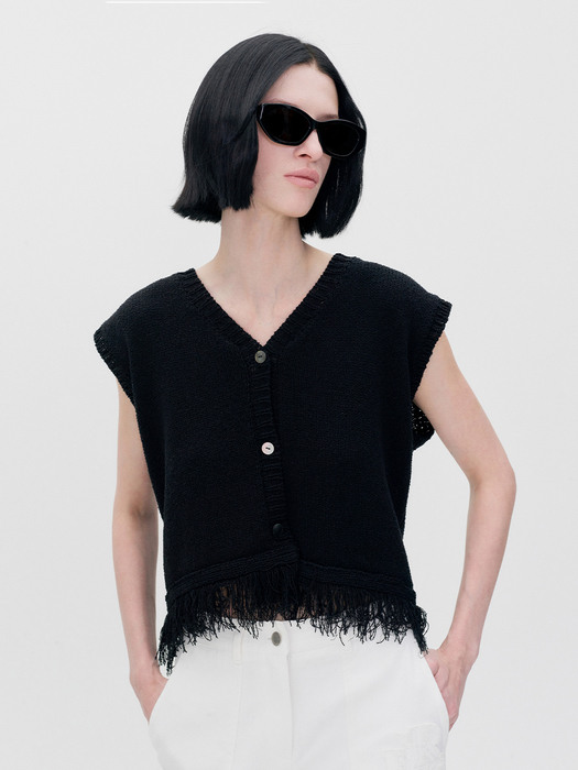 FRAYED HEM KNIT VEST BLACK