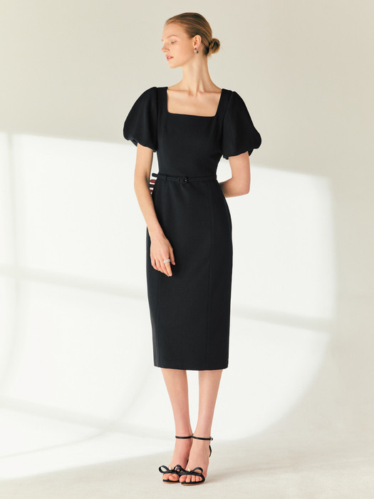 CHRISTINA Square neck H-line long dress (Black)