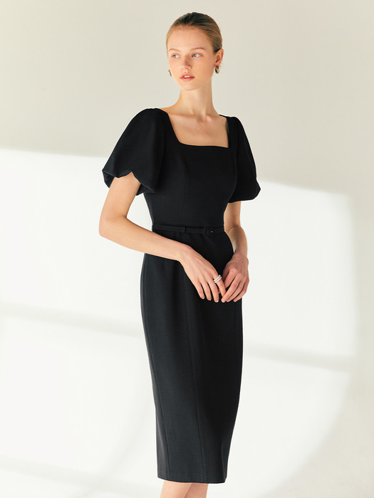 CHRISTINA Square neck H-line long dress (Black)