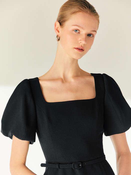 CHRISTINA Square neck H-line long dress (Black)