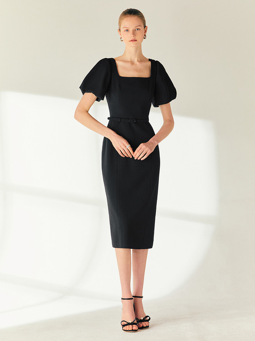 CHRISTINA Square neck H-line long dress (Black)