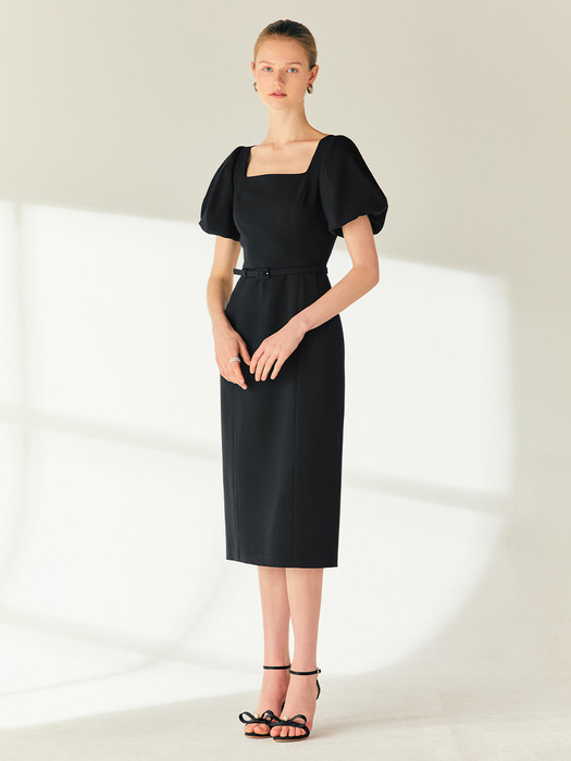 CHRISTINA Square neck H-line long dress (Black)