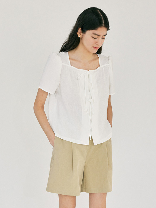 H Square Ribbon 2way Blouse_White