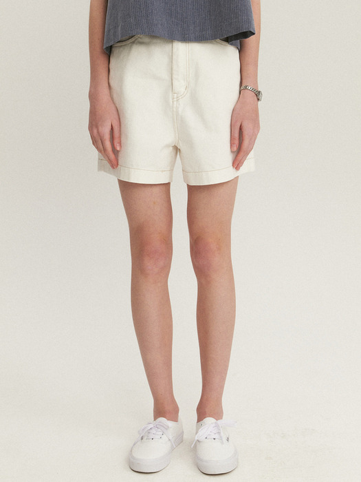 Half Cotton White Denim Pants_White