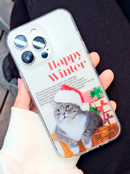 [겨울특가]아이폰 미니 플러스 프로 맥스 해피 크리스마스 트리 산타 고양이 투명 케이스