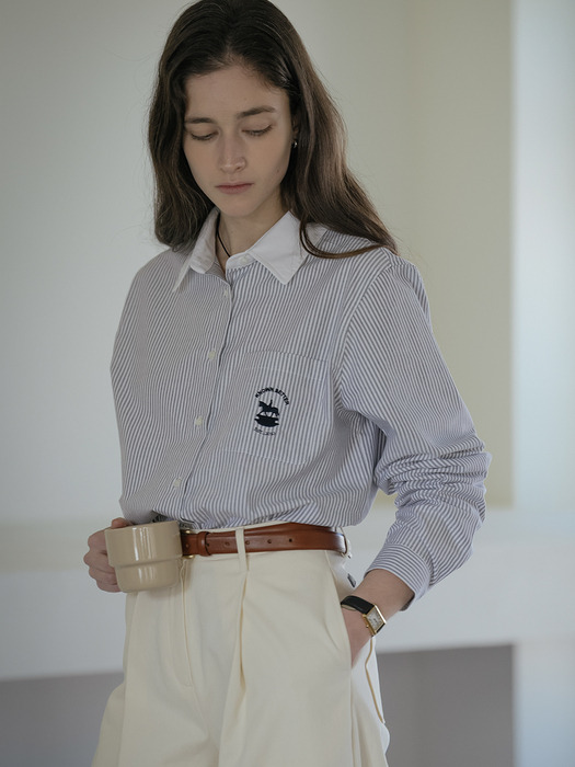 Horse embroidery stripe cotton shirt_Navy