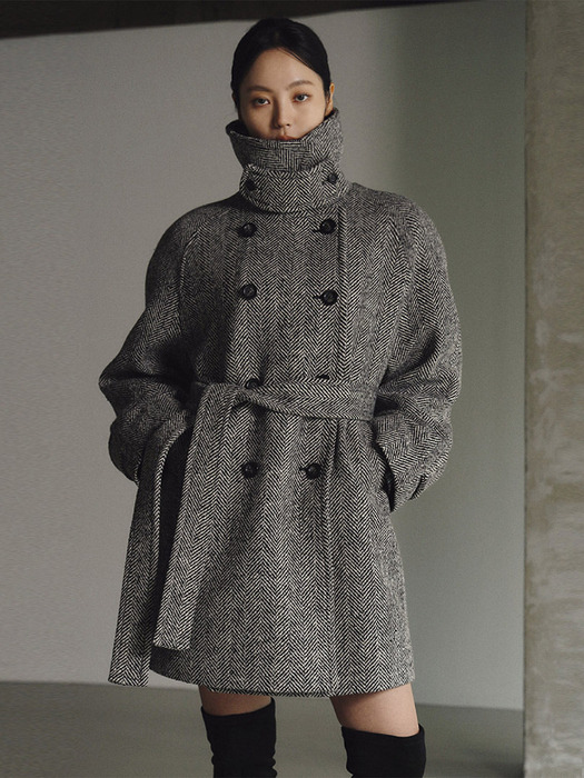 HERRINGBONE WOOL HALF COAT 6차