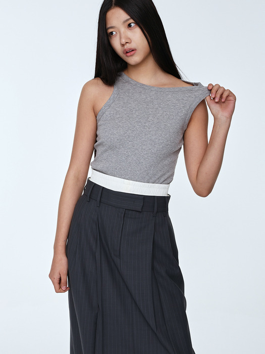 Banding Detail Two-tuck Long Skirt _ Grey Stripe