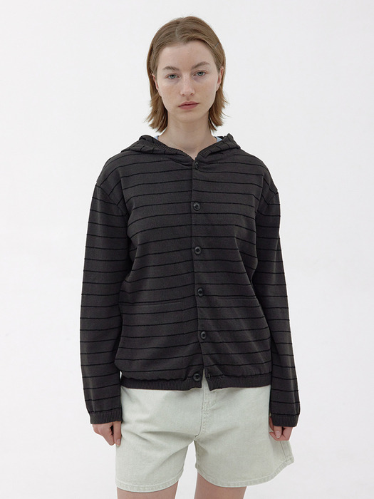 [Women] Hemp Cotton Stripe Hooded Cardigan (Charcoal)