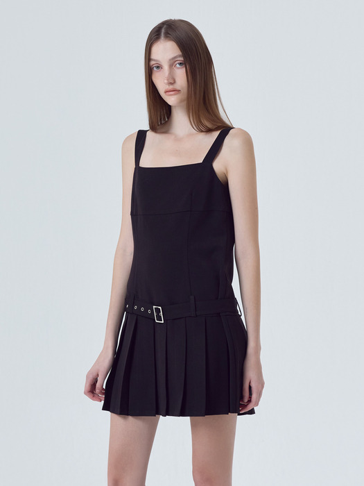 Low Pleats Belt Mini Dress, Black