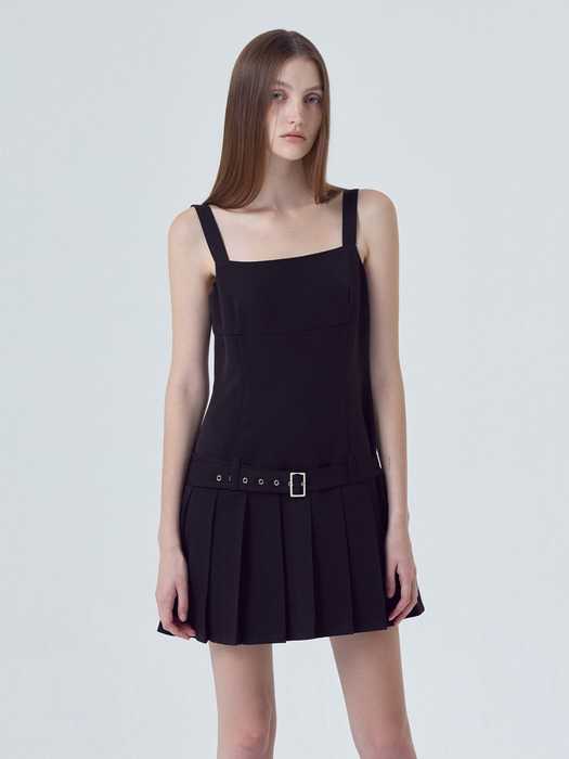 Low Pleats Belt Mini Dress, Black