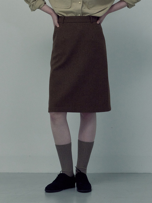 Herringbone Wool Midi Skirt(brown)