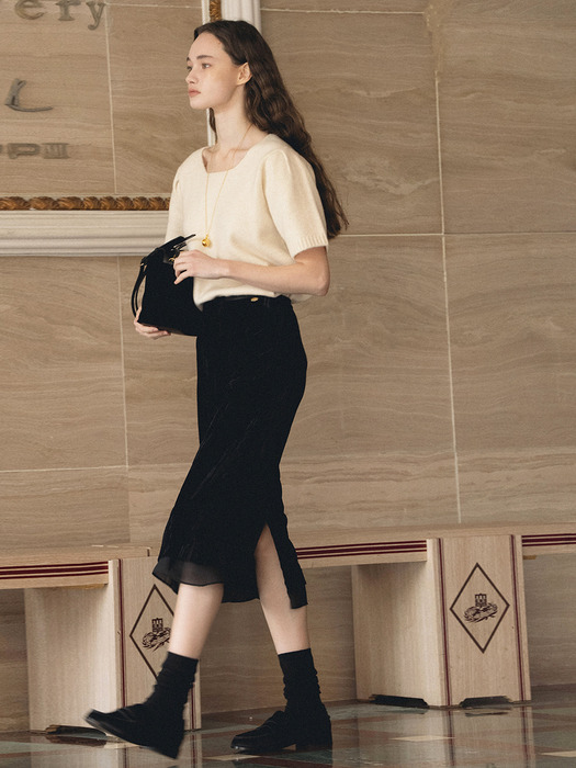 F Wrinkle Velvet Layered Skirt_Black