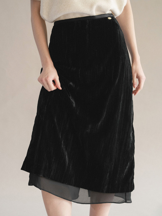 F Wrinkle Velvet Layered Skirt_Black