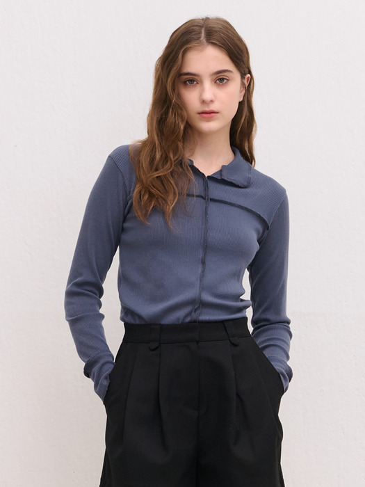 CUTTONG LINE STITCH COLLAR T-SHIRT DEEP BLUE