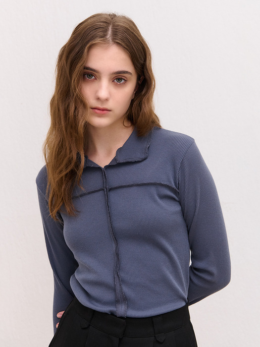 CUTTONG LINE STITCH COLLAR T-SHIRT DEEP BLUE