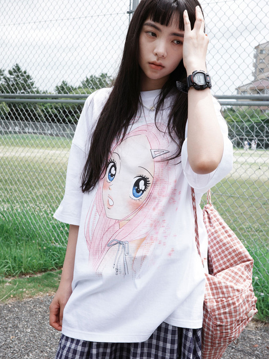 ★ WONDER VISITOR★ Ascii Pink Heesu Overfit Tshirt White m 원더비지터]Ascii Pink Heesu Overfit T-shirt [White]