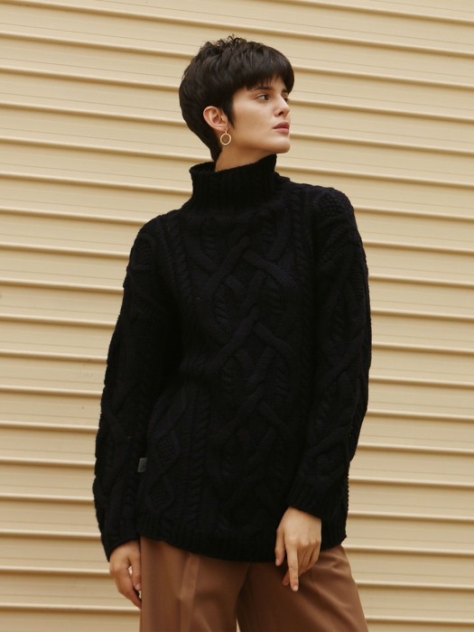 Cable knitted wool sweater_Navy