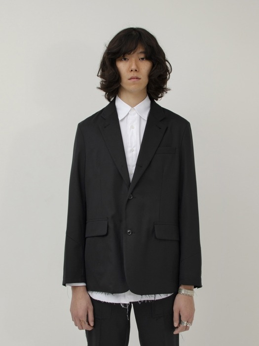 Notch Lapel 3B Jacket - Double Cloth Wool (Black)