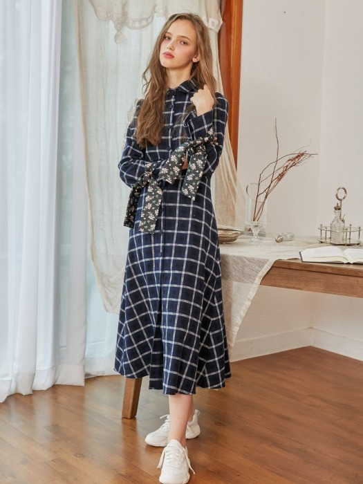 Gingham Check Long Flare Dress_Navy