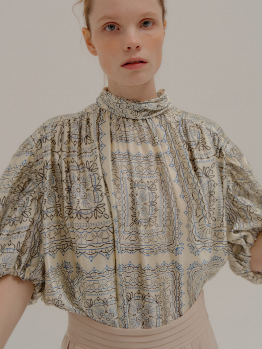 PARIS Shirred Sleeve Printed Silk Blouse