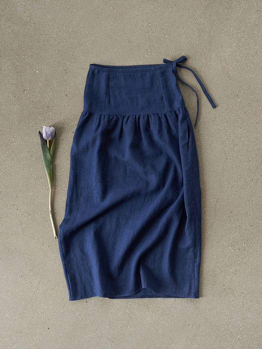 Fine linen waist strap long skirt - deep blue