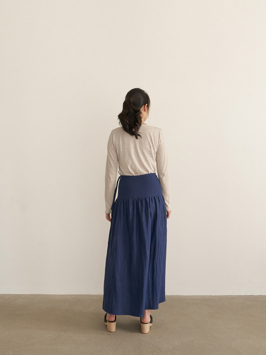 Fine linen waist strap long skirt - deep blue