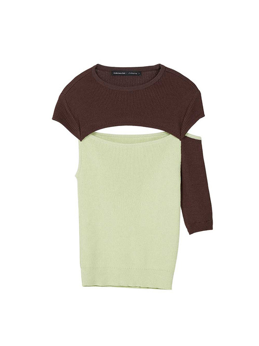 DECONSTRUCTED UNBALANCE SLEEVE SWEATER atb402w(MISTY LIME/BROWN)
