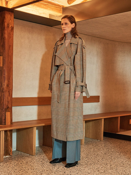 RIOPELE MANUEL Belted Wool Trench Coat_Beige Check