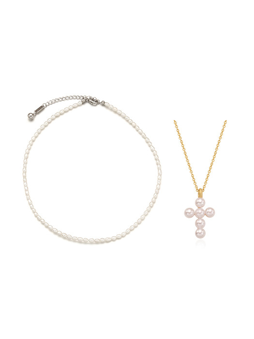 [2SET]Mini Pearl Cross Layered Necklace