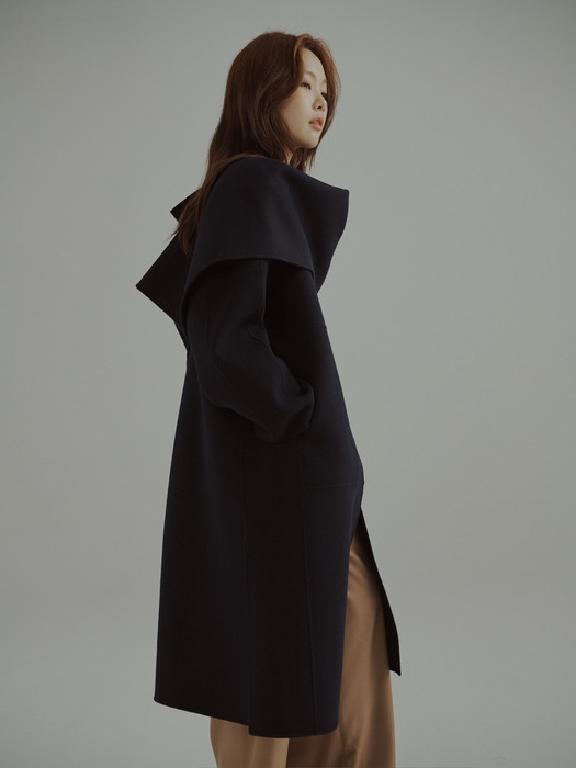 Cashmere Wool  Double Face Coat with Shawl Navy