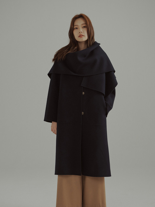 Cashmere Wool  Double Face Coat with Shawl Navy