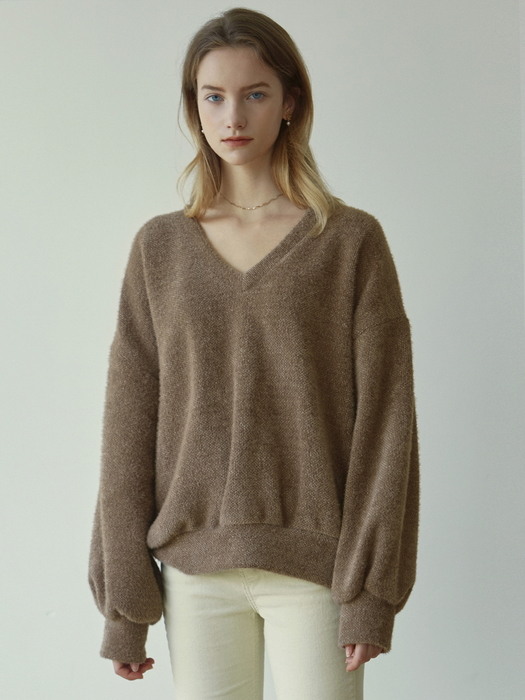 HEAVY BOUCLE V KNIT_BROWN