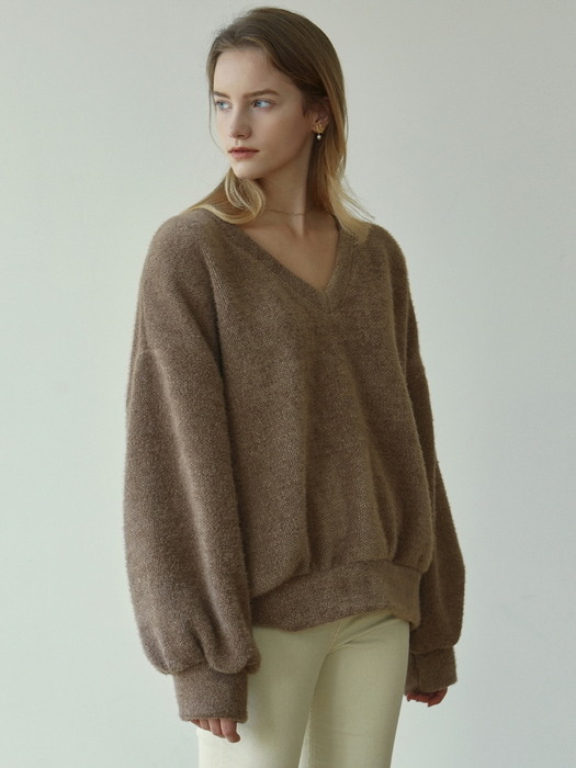 HEAVY BOUCLE V KNIT_BROWN