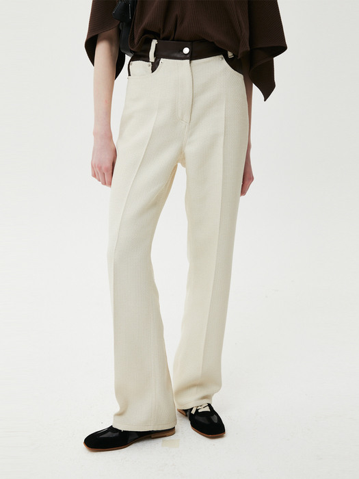 Tweed-like Leather Trim Pants / Cream